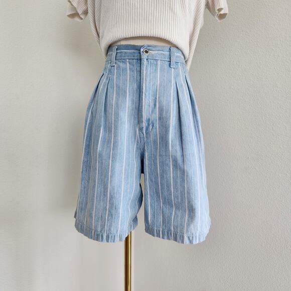 American Vintage Pants - Vintage 80s Britannia Blue White Striped High Waisted Pleated Denim Shorts S